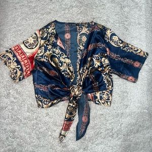Satin Scarf Print Tie Crop Top